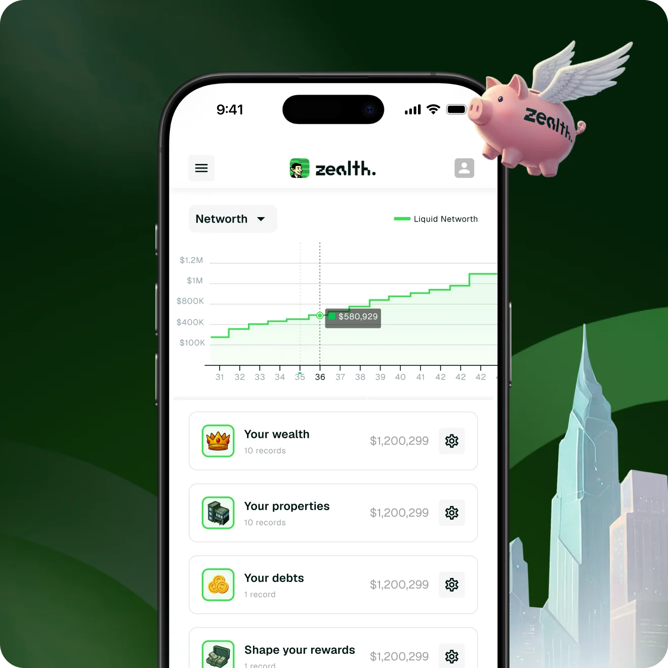 Zealth financial predictions showing timeline and what-if scenario chart